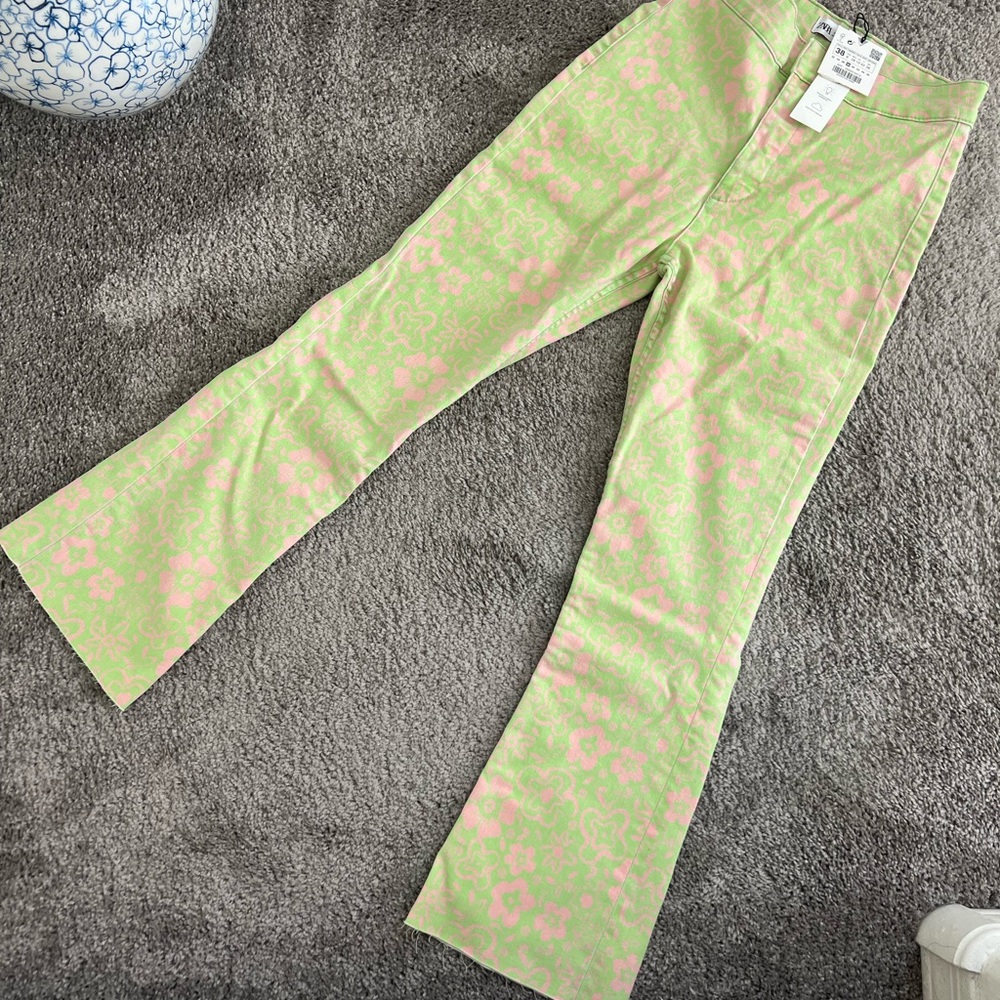Zara Green & Pink Floral Print Pants